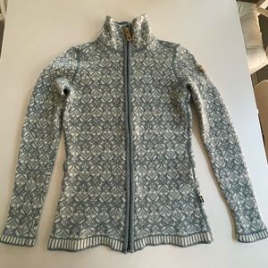 Fjallraven Snow Cardigan 100% Wool Fair Isle Light Blue Sweater Womens Size S